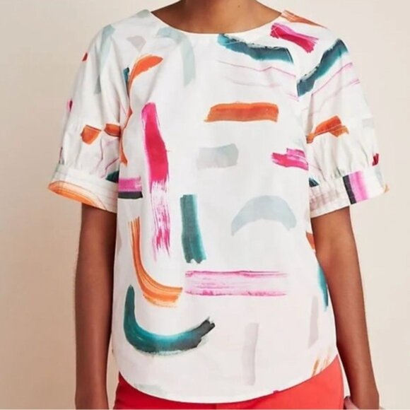ANTHROPOLOGIE X Aimee Clarke button back brushstroke print short sleeve blouse - Picture 2 of 14